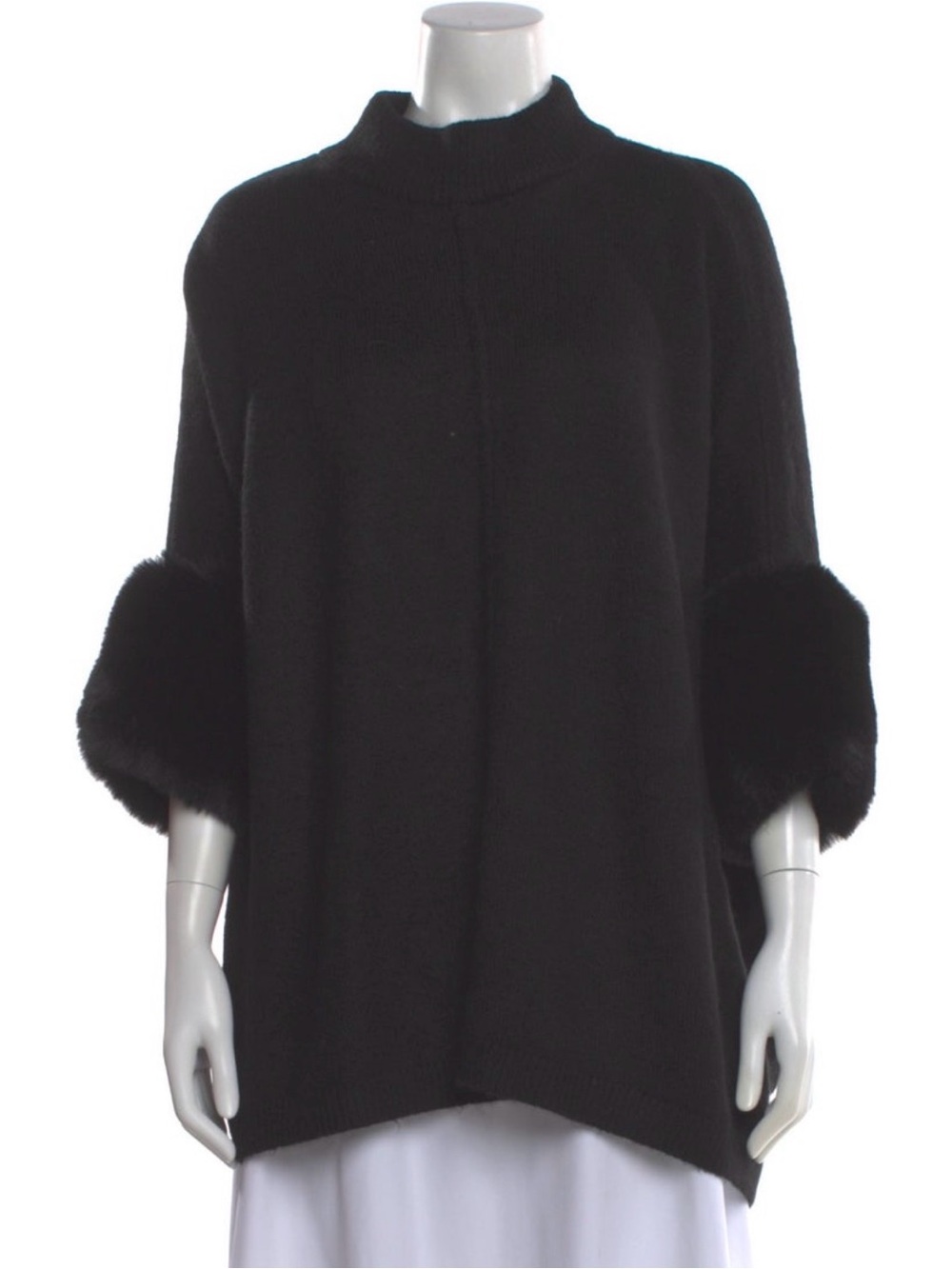 Saks Fifth Avenue Black Faux Fur Trim Mock Neck Poncho Sweater Medium
